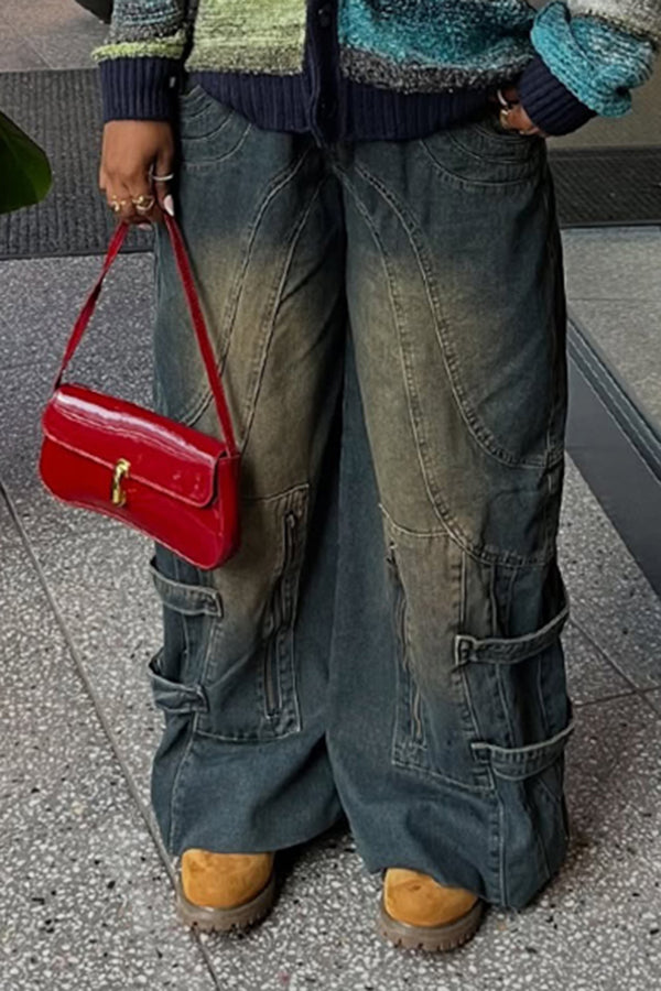 Retro Ombre Washed Lace-up Jeans