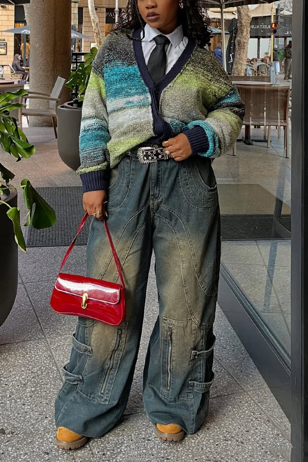 Retro Ombre Washed Lace-up Jeans