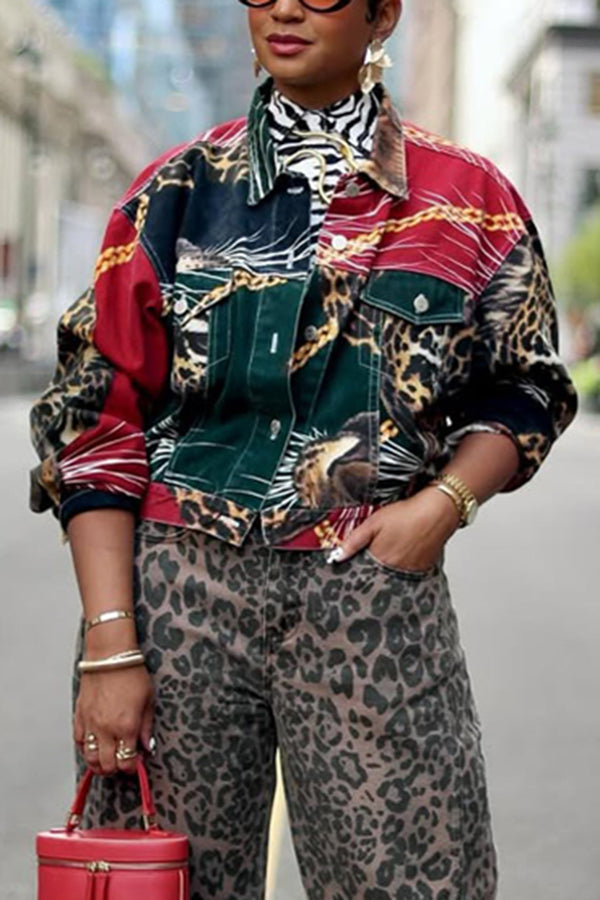 Retro Allover Print Shirt Collar Jacket