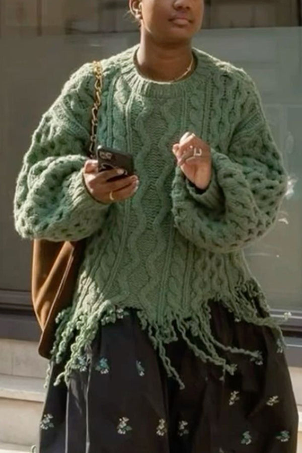 Vintage Cable Knit Fringe Hem Sweater