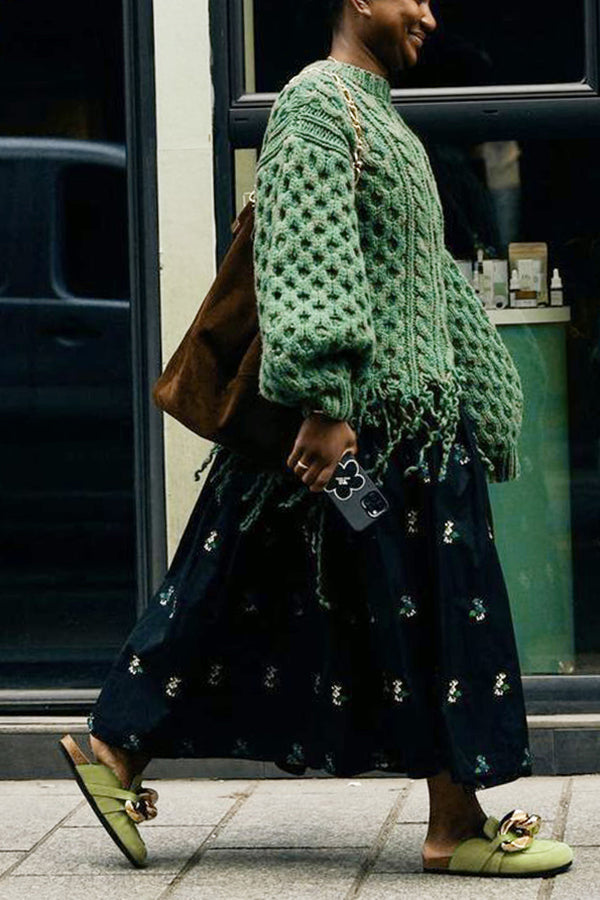 Vintage Cable Knit Fringe Hem Sweater