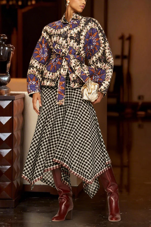Retro Mandala Print Belted Quilted Jacket