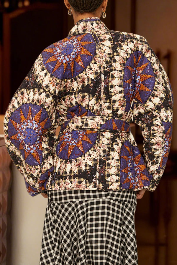 Retro Mandala Print Belted Quilted Jacket
