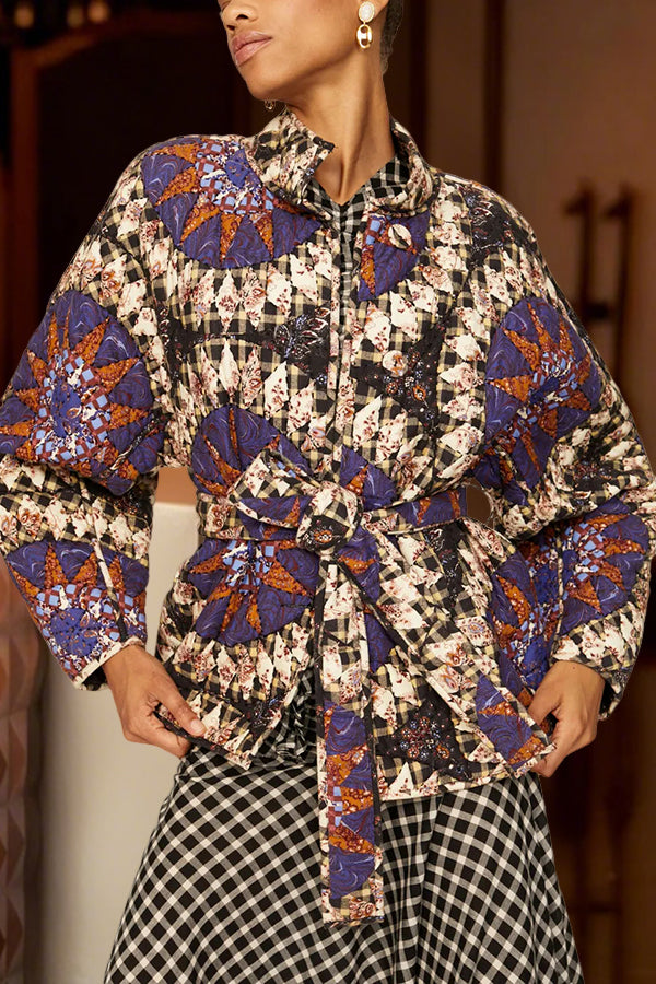 Retro Mandala Print Belted Quilted Jacket