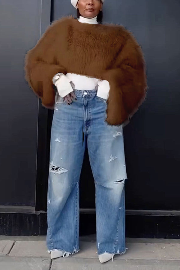 Stylish Plush Trumpet Sleeve Sweater