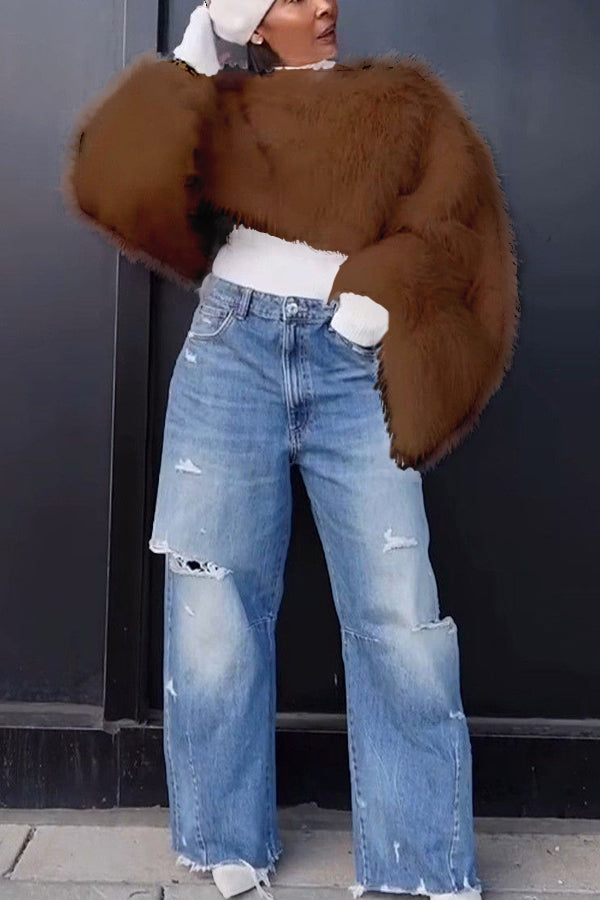 Stylish Plush Trumpet Sleeve Sweater