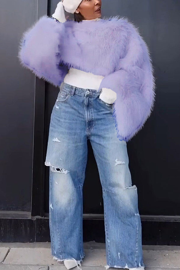 Stylish Plush Trumpet Sleeve Sweater