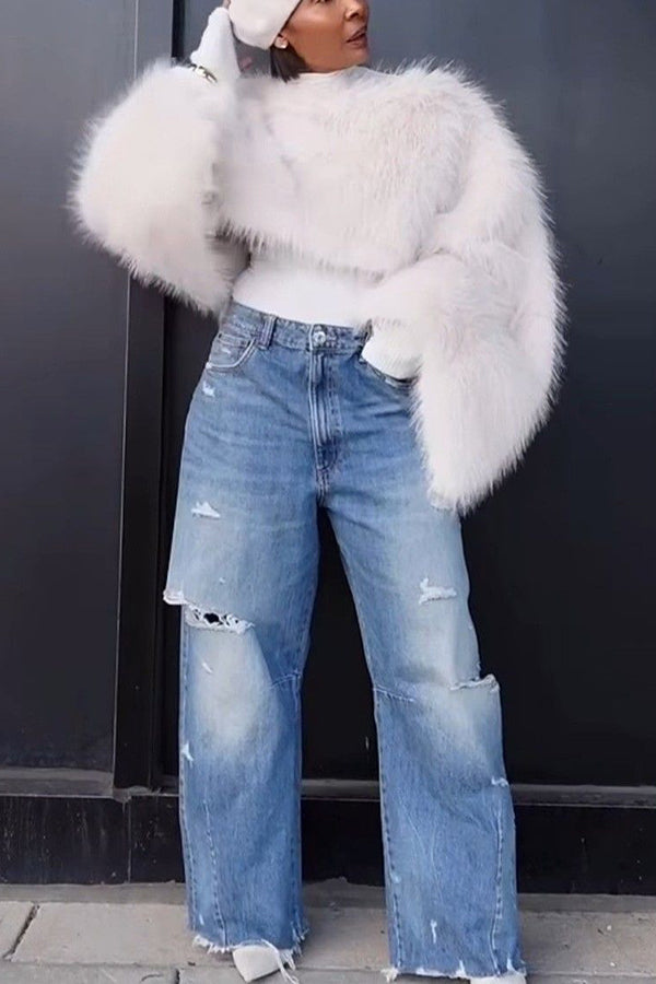 Stylish Plush Trumpet Sleeve Sweater