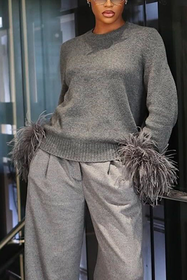 Chic Fuzzy Trim Textured Knit Sweater