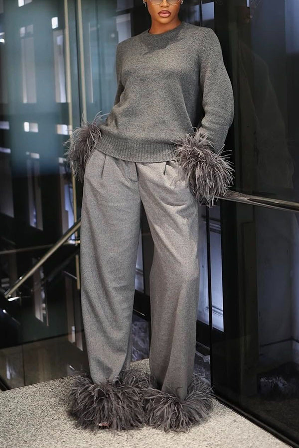 Chic Fuzzy Trim Textured Knit Sweater