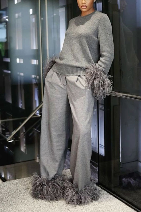 Chic Fuzzy Trim Textured Knit Sweater