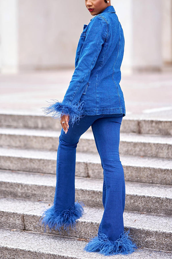 Casual Fuzzy Trim Denim Blazer & Pants Set