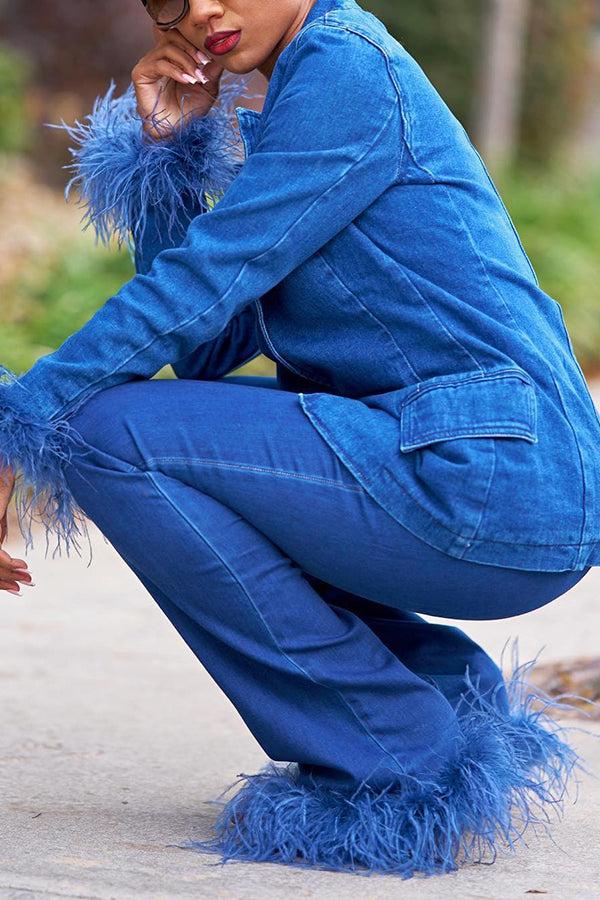 Casual Fuzzy Trim Denim Blazer & Pants Set