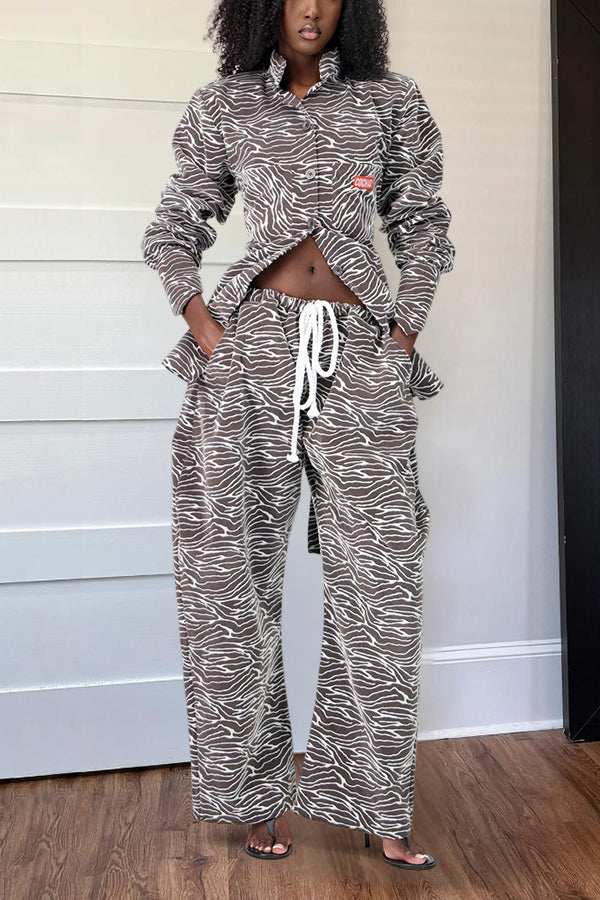 Retro Zebra Print Single Breasted Top & Pants Set