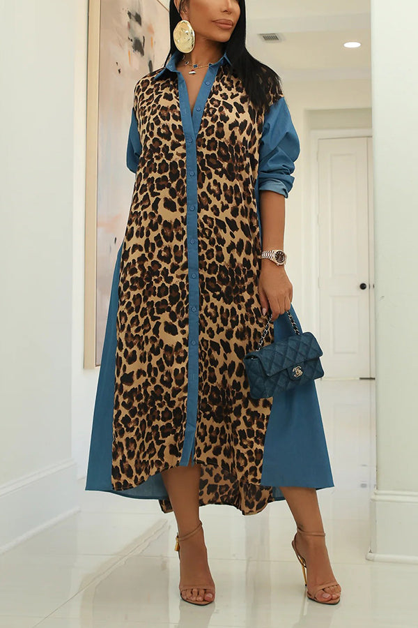Fashion Contrast Leopard Print Shirt Dress
