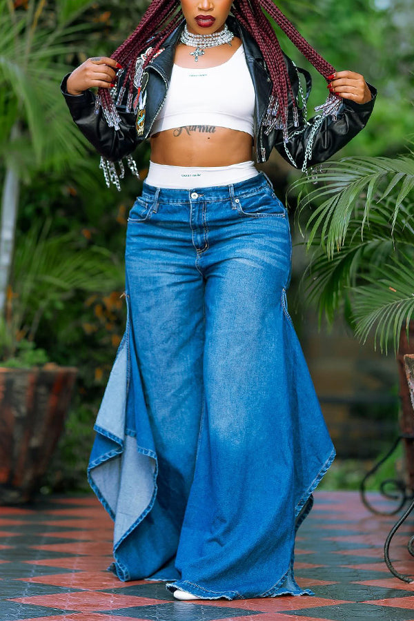 Retro Ruffle Hem Wide Leg Jeans