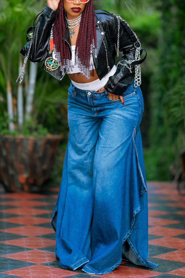Retro Ruffle Hem Wide Leg Jeans