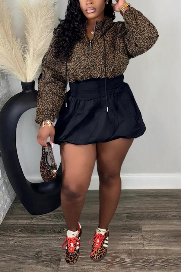 Chic Leopard Print Top & Balloon Hem Skirt Set