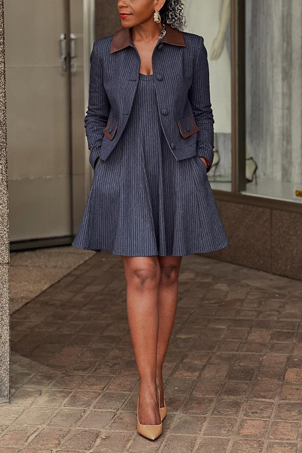 Retro Contrast Shirt Collar Jacket & Dress Set
