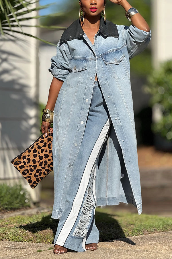 Vintage Contrast Denim Long Jacket