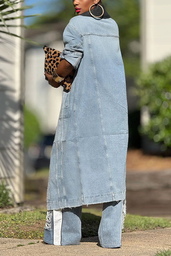 Vintage Contrast Denim Long Jacket