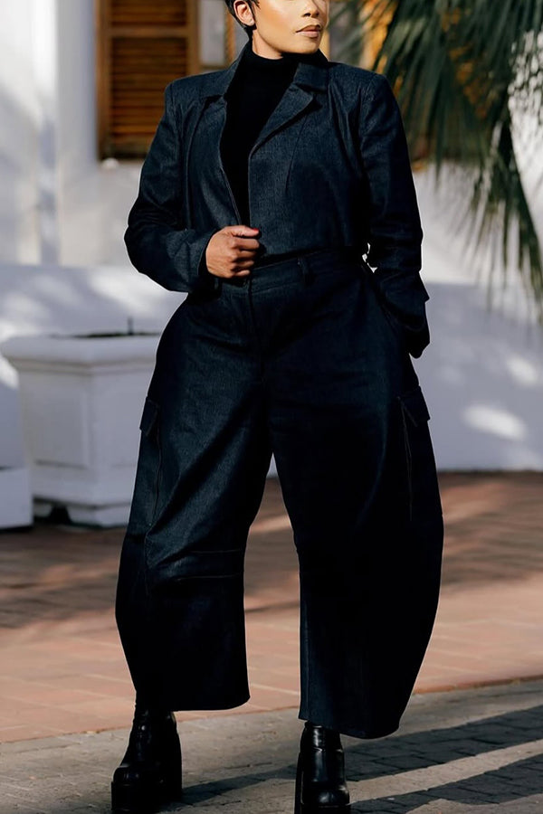 Retro Lapel Collar Jacket & Flap Pocket Pants Set
