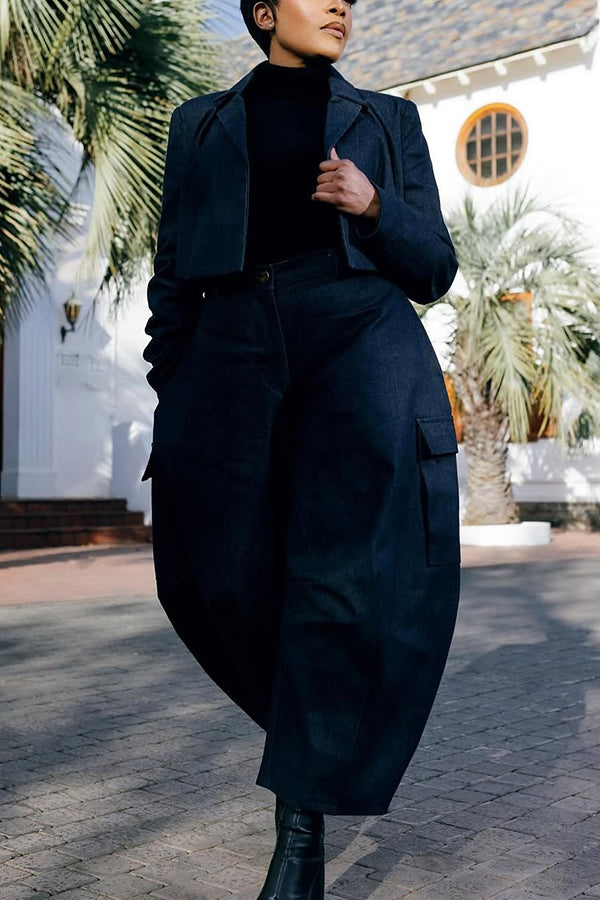 Retro Lapel Collar Jacket & Flap Pocket Pants Set