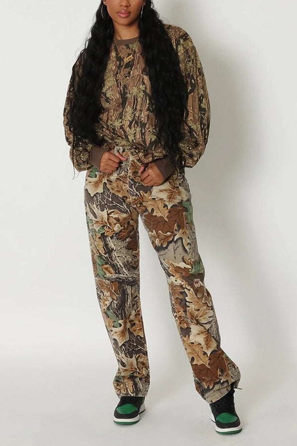 Retro Leaf Print Sweatshirt & Pants Set