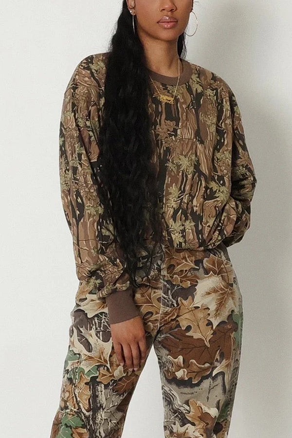 Retro Leaf Print Sweatshirt & Pants Set