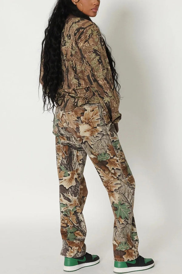 Retro Leaf Print Sweatshirt & Pants Set