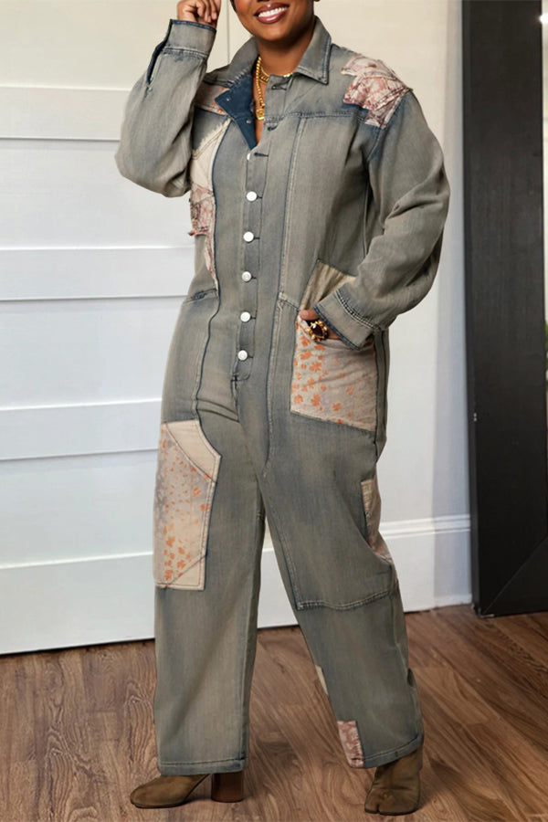 Retro Patchwork Single Breasted Jumpsuit
