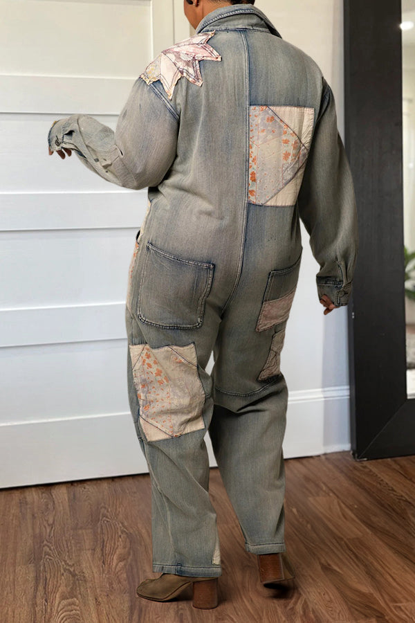 Retro Patchwork Single Breasted Jumpsuit