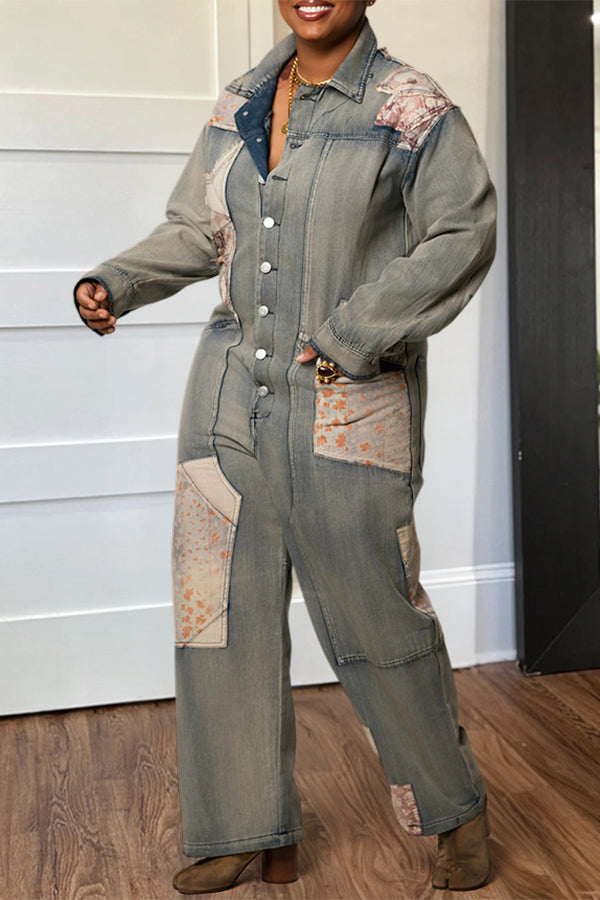 Retro Patchwork Single Breasted Jumpsuit