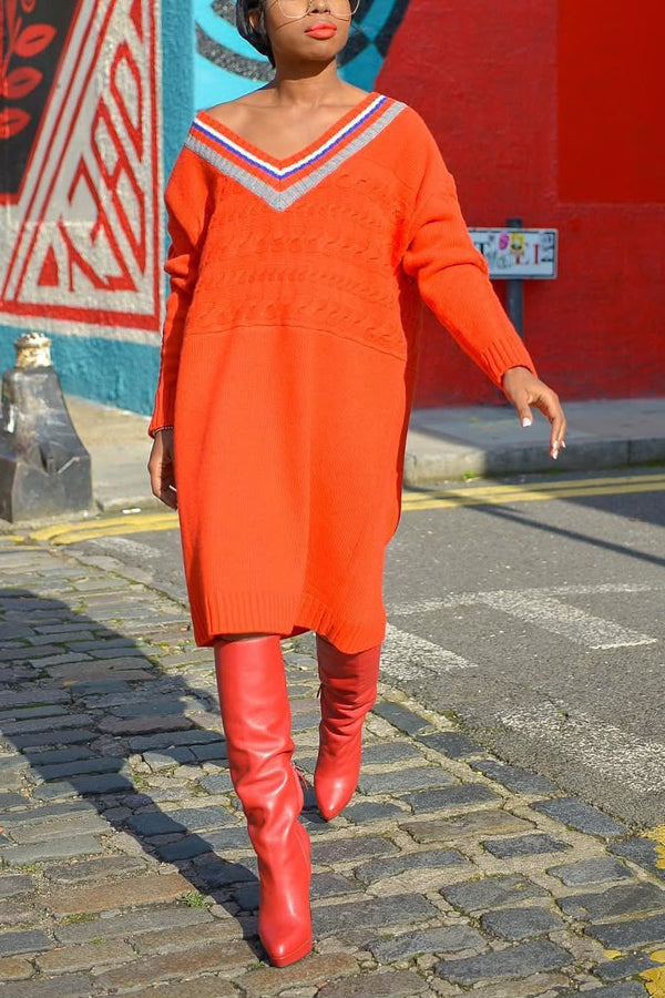 Cozy V-Neck Ribbed Knit Dress