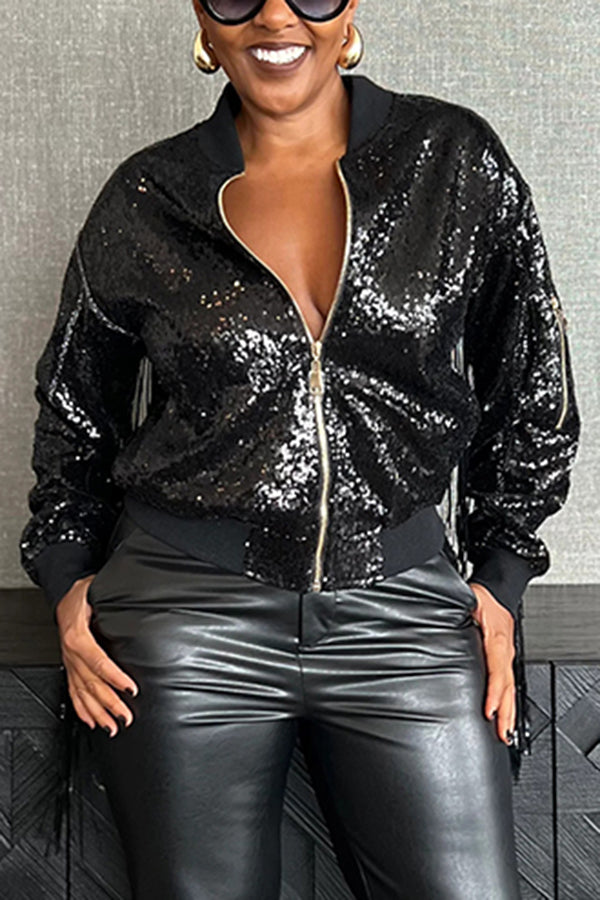 Stylish Baseball Collar Sequin Jacket