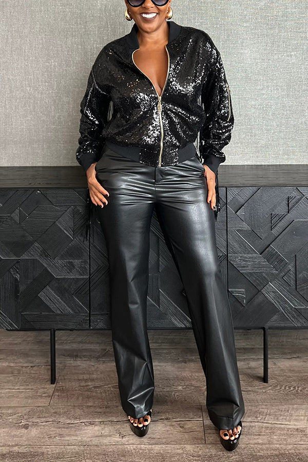 Stylish Baseball Collar Sequin Jacket