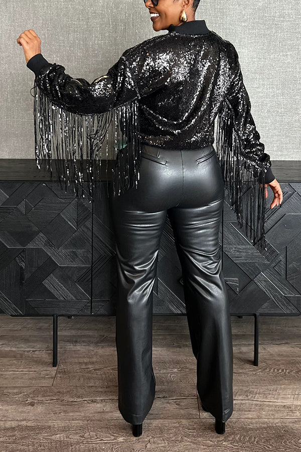 Stylish Baseball Collar Sequin Jacket