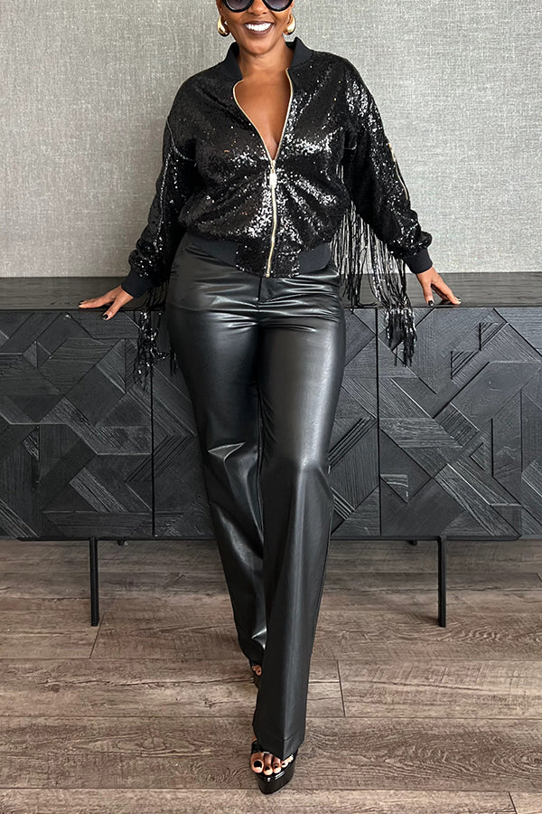 Stylish Baseball Collar Sequin Jacket