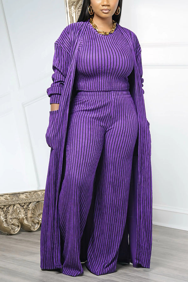 Chic Round Neck Striped Top & Pants Set