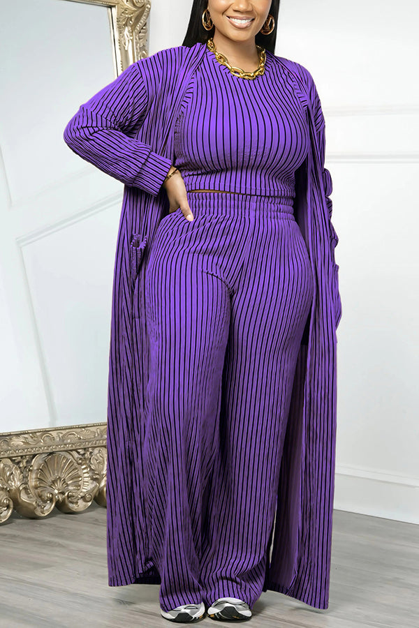 Chic Round Neck Striped Top & Pants Set