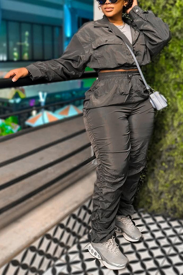 Sporty Cropped Jacket & Drawstring Pleated Pants Set