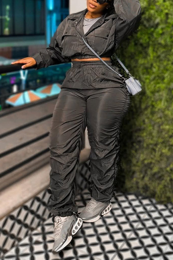 Sporty Cropped Jacket & Drawstring Pleated Pants Set