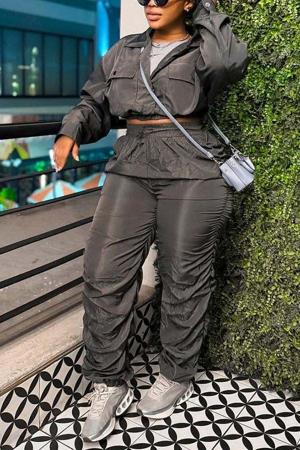 Sporty Cropped Jacket & Drawstring Pleated Pants Set