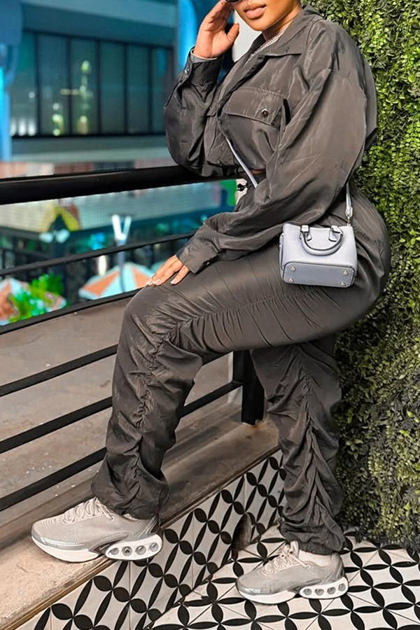 Sporty Cropped Jacket & Drawstring Pleated Pants Set
