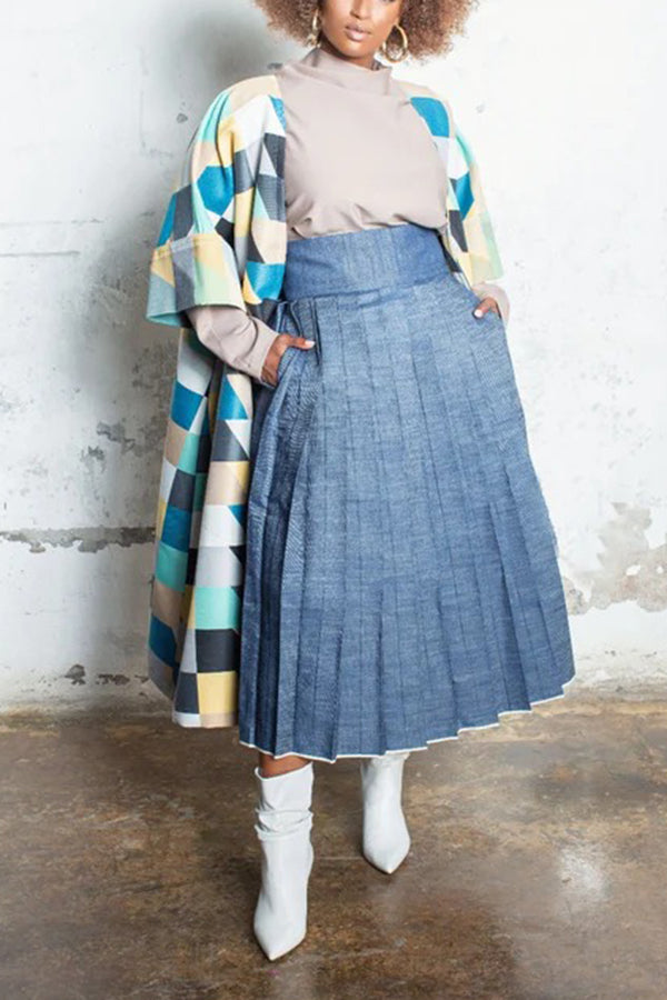 Chic High Waist Selvage Denim Pleated Skirt