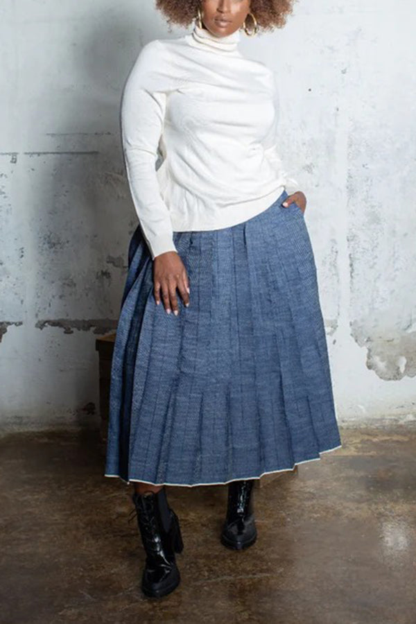 Chic High Waist Selvage Denim Pleated Skirt