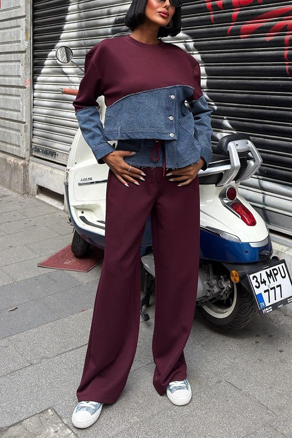 Stylish Denim Garnished Asymmetric Top