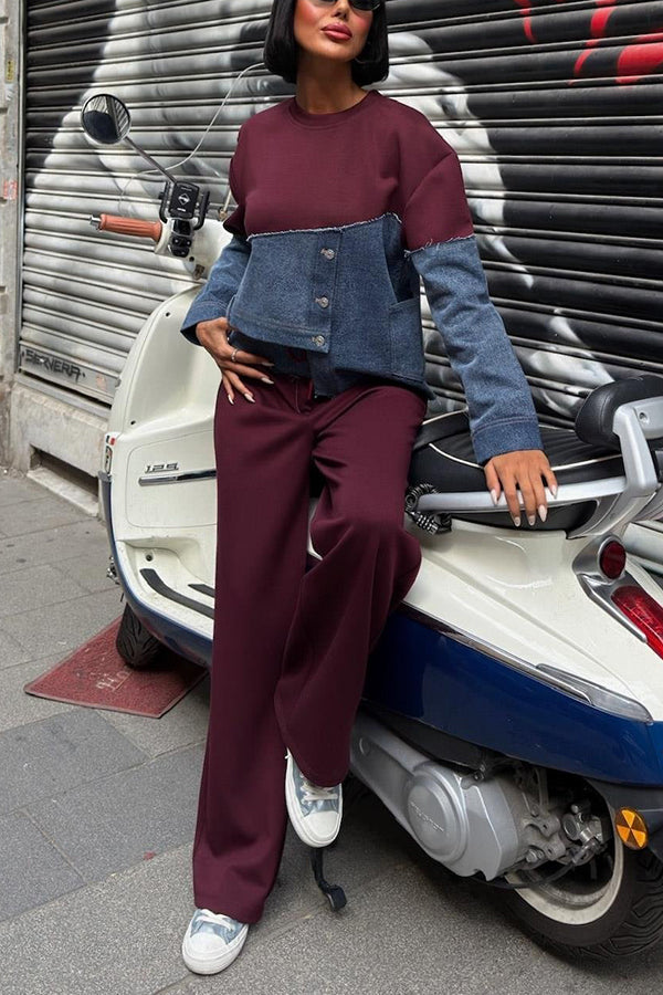 Stylish Denim Garnished Asymmetric Top