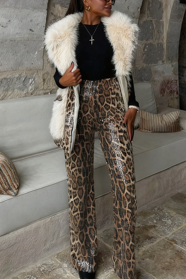 Elegant Leopard Print Contrast Fuzzy Vest