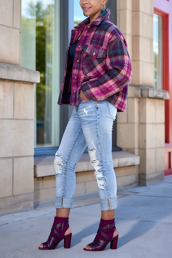 Chic Plaid Flap Pocket Jacket